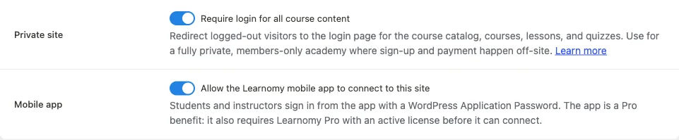 Learnomy private site toggle in settings
