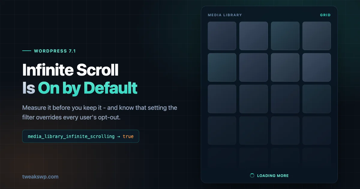 WordPress media library grid loading more attachments on scroll, with the media_library_infinite_scrolling filter set to true