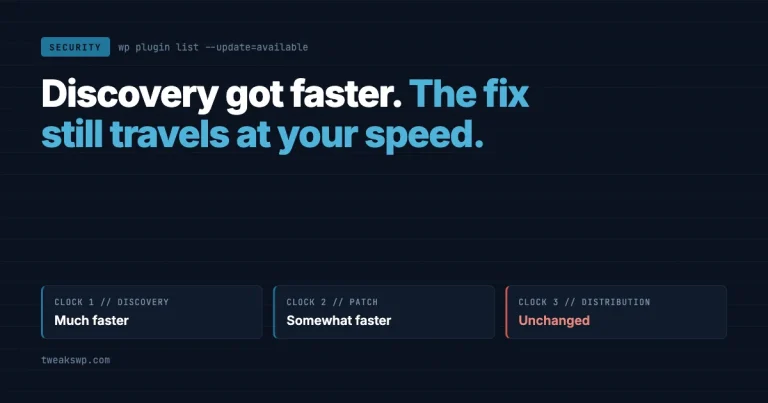 Dark terminal-style card reading discovery got faster, the fix still travels at your speed, with three clocks: discovery much faster, patch somewhat faster, distribution unchanged