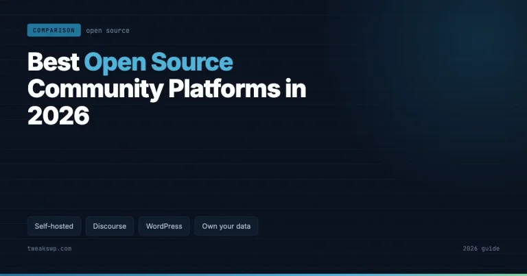 Dark blue card titled Best Open Source Community Platforms in 2026, with tags for self-hosted, Discourse, WordPress and own your data
