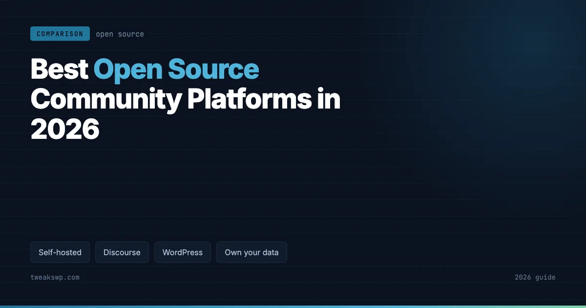 Dark blue card titled Best Open Source Community Platforms in 2026, with tags for self-hosted, Discourse, WordPress and own your data