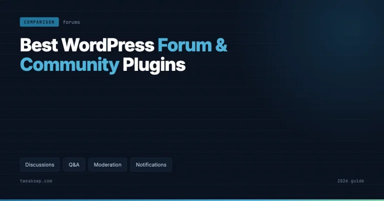 Dark blue card titled Best WordPress Forum and Community Plugins, with tags for discussions, Q and A, moderation and notifications