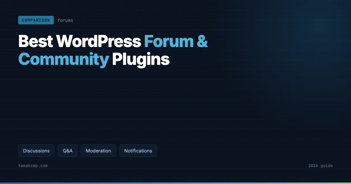 Dark blue card titled Best WordPress Forum and Community Plugins, with tags for discussions, Q and A, moderation and notifications