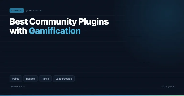 Dark blue card titled Best Community Plugins with Gamification, with tags for points, badges, ranks and leaderboards