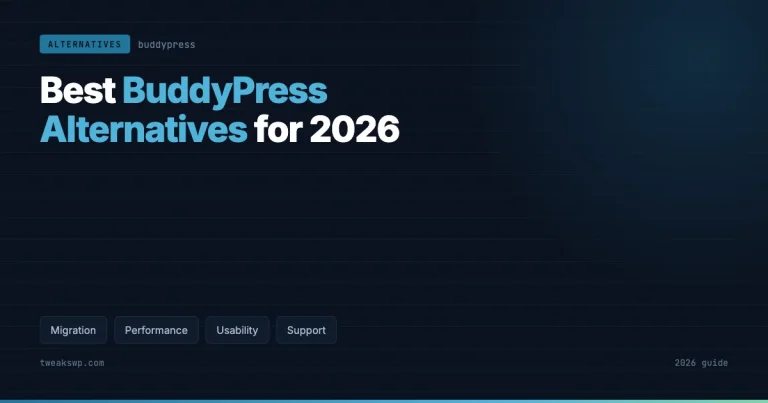 Dark blue card titled Best BuddyPress Alternatives for 2026, with tags for migration, performance, usability and support
