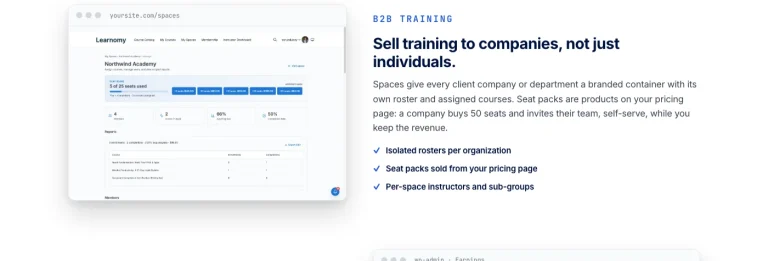 Learnomy corporate team training dashboard with seats and rosters for company training