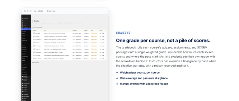 Learnomy gradebook showing weighted grades and essay grading inbox for a school LMS