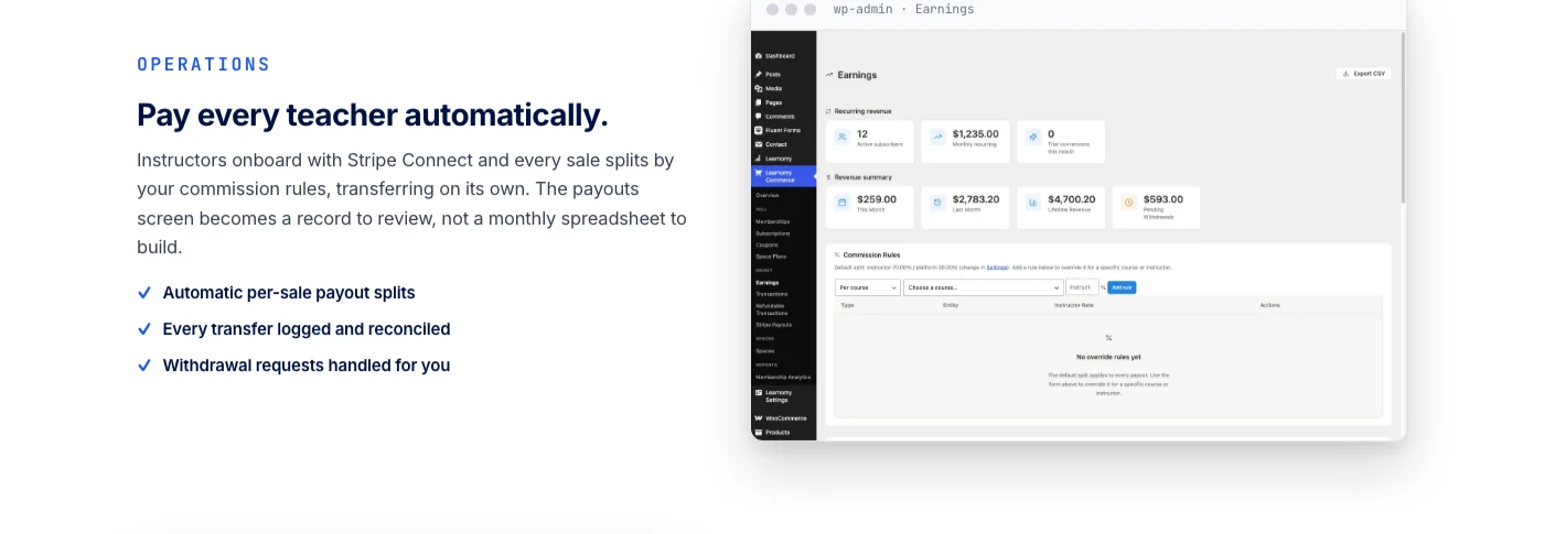Learnomy instructor revenue sharing dashboard for a multi-instructor WordPress school