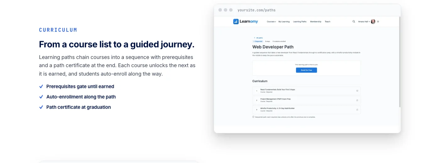 Learnomy learning path builder showing a sequenced course curriculum with prerequisites